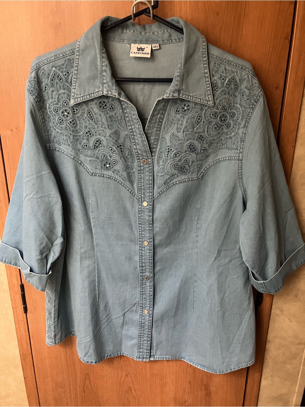 Lafeinier Vintage Embroidered Light Blue Chambray Denim Western Shirt 3XL
